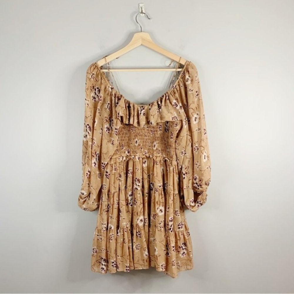 Ulla Johnson Womens Floral Silk Ruffle Puff  Sleeve Pink Mini Dress Smocked 4 S